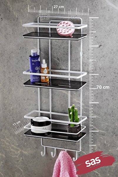 Sas Haus 3-Tier Adhesive Bathroom Shower Shelf with Hooks – Adjustable Crystal Shelf (Stick-On/Screw-On) Black-White