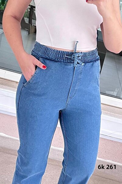 İnce Topuk Elastic Waist Stretch Fabric Jeans Trousers 6K261