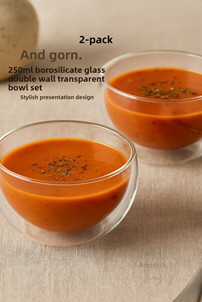 Anadolu Saray Set of 2 250ml Borosilicate Glass Double-Walled Transparent Bowls – Heat Resistant and Stylish