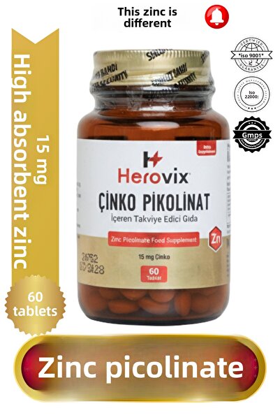 Herovix بيكولينات الزنك – امتصاص حيوي عالي – مكمل الزنك للمناعة/البشرة – 60 ق...