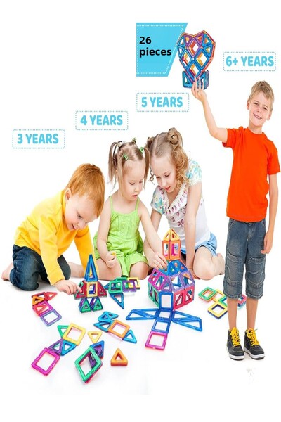 Hyd Magnetic Building Blocks Colorful 3D 26 Pieces Magnetic Tiles Play Set for Kids