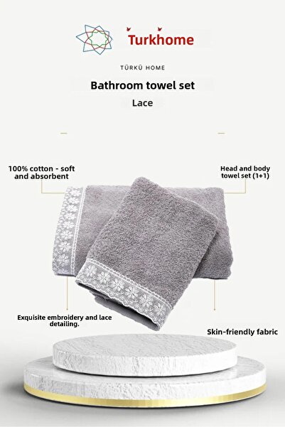 Türkühome Cotton Embroidered Lace 2-Piece Head and Body Towel Set (1 Head Tow...