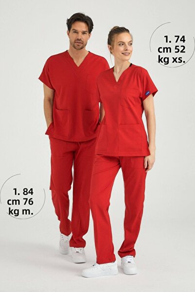Pozitif Üniforma Red Lycra Nurse Jersey Bottom Top Surgical Team Scrubs Uniform Surgical Jersey
