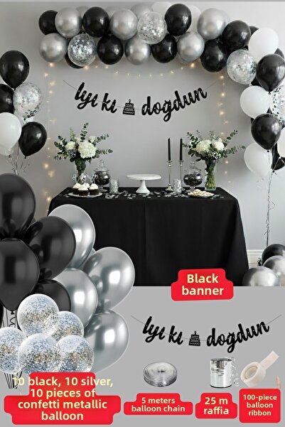 Baloncu Dede Black Happy Birthday Written Banner Black Silver Balloon Set Birthday Party Set Decorations