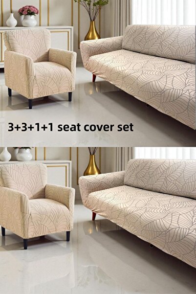 coverbox طقم غطاء أريكة مرن بنمط أوراق الجاكار 3+3+1+1، غطاء أريكة غير قابل للانزلاق وقابل للغسل