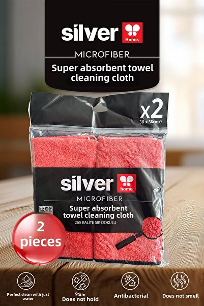 SİLVER HOME Overlocked Microfiber Super Absorbent 2-Piece Towel Cleaning Cloth - Red