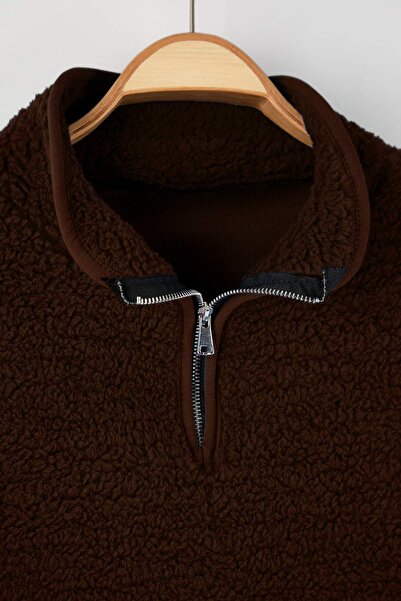 Trendyol Curve Brown Piping Detailed Stand Collar Plush Soft Oversized Sweatshirt Tbbaw26Ao00040