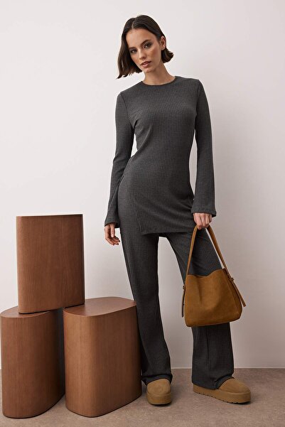 Trendyol Modest Anthracite More Sustainable Viscose Ribana Knitted Tracksuit Set TCTAW26EN00007