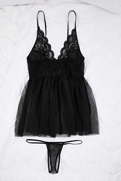 Trendyol Curve Μαύρο τούλι/διχτυωτό χωρίς καπέλο, μεγάλο μέγεθος Babydoll/Φανταστικό νυχτικό TBBAW26DH00003