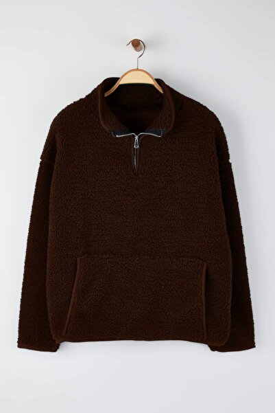 Trendyol Curve Brown Piping Detailed Stand Collar Plush Soft Oversized Sweatshirt Tbbaw26Ao00040