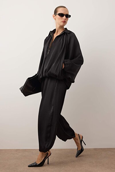 Trendyol Collection Black Satin Balloon Mold Pants Jacket Woven Bottom - Top Set Twoaw26Au00114