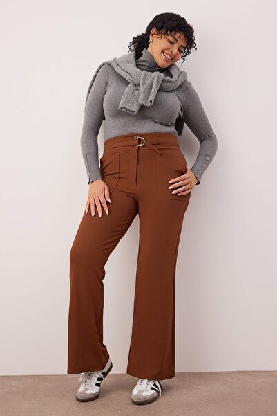 Trendyol Curve Καφέ πλεκτό παντελόνι με ψηλόμεσο κορδόνι με λεπτομέρεια στη μέση TBBSS24AR00030