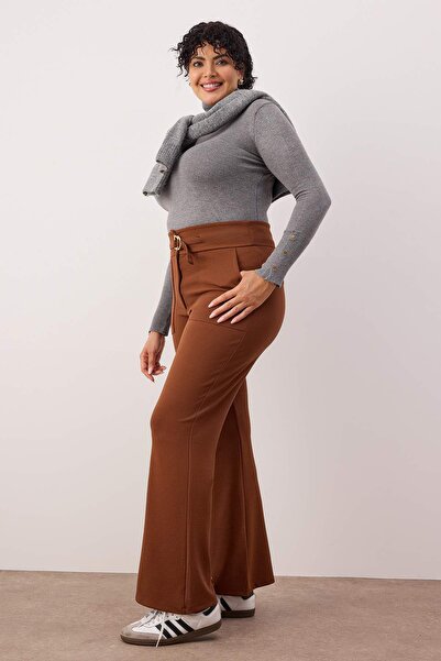 Trendyol Curve Καφέ πλεκτό παντελόνι με ψηλόμεσο κορδόνι με λεπτομέρεια στη μέση TBBSS24AR00030