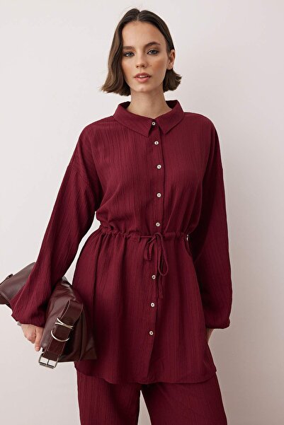 Trendyol Modest Plus Size Burgundy Rubber Belt Woven Top and Bottom Set Tctss25Us00046