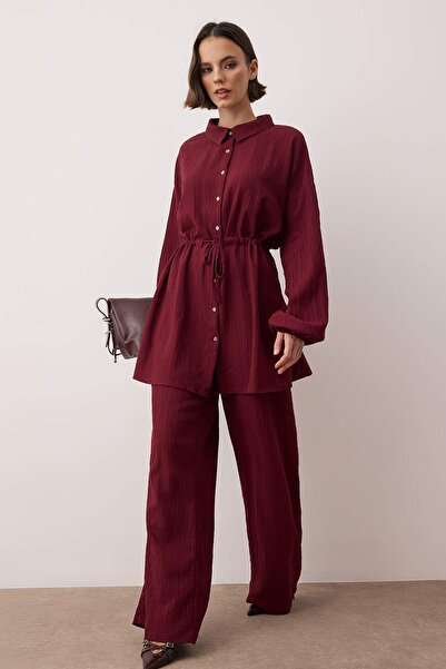 Trendyol Modest Plus Size Burgundy Rubber Belt Woven Top and Bottom Set Tctss25Us00046