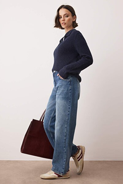 Trendyol Collection Dark Blue Low Waist Straight Baggy Jeans Twoaw26Je00129