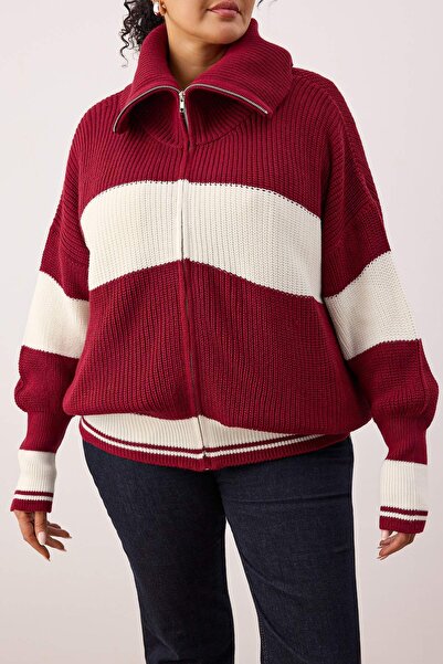 Trendyol Curve Burgundy Striped Turn-Down Collar Zippered Knitwear Cardigan Tbbaw25Av00009