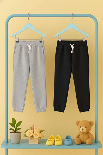 TRENDYOLKIDS Black-Grey Cotton 2-Piece Plain Boys' Knitted Sweatpants Tkdaw26Ea00013