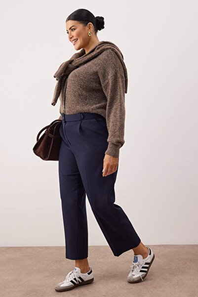 Trendyol Curve Navy Blue High Waist Belted Woven Plus Size Pants Tbbaw26Ar00020