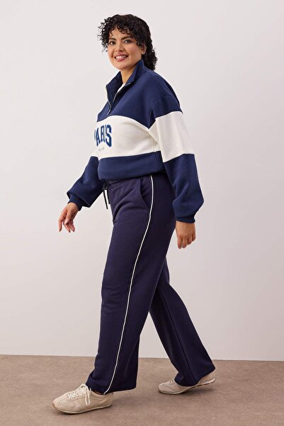 Trendyol Curve Πλεκτό παντελόνι με ψηλόμεσο μπλε ναυτικό με λεπτομέρεια με φαρδύ πόδι και λεπτομέρεια πλεκτής ύφασμα TBBAW26AJ00006