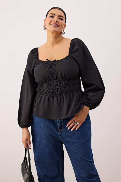 Trendyol Curve Black Bow Gipeli Long Sleeve Woven Plus Size Blouse Tbbaw26Af00072