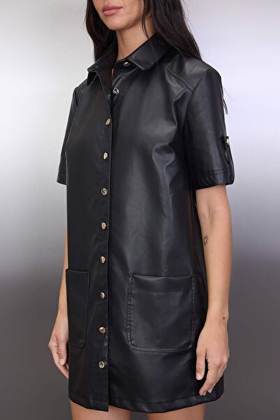 Trendyol Collection Black Plain Buttoned Short / Mini Woven Dress Twoaw26El00351