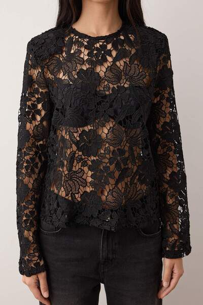 Trendyol Collection Black Vatka Detailed Woven Guipure Blouse Twoaw26Bz00336