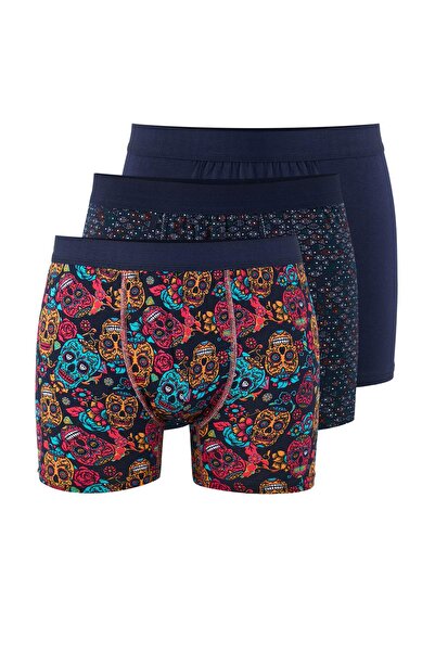 Trendyol Collection Синій з візерунком-однотонний мікс 3-х бавовняних боксерів з еластаном TMNAW26BX00000