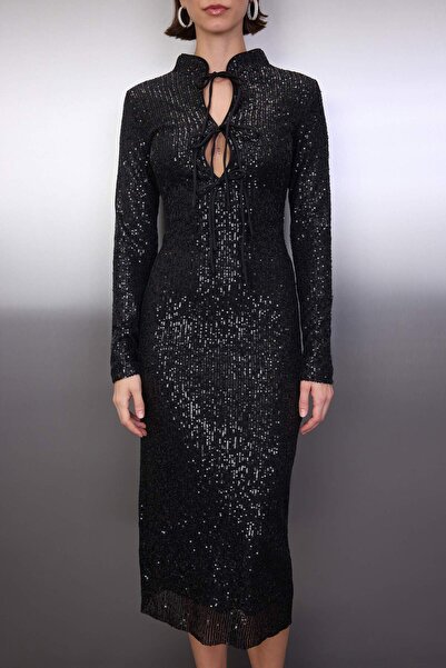 Trendyol Collection Black Straight Bust Tie Detail Sequin Midi Lined Stylish/Evening Dress Tpraw26El00100