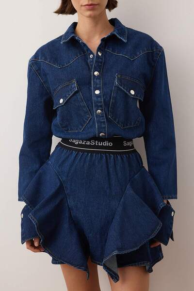 Trendyol Collection X Sagaza Studio Μπλε φόρεμα με γιακά πουκάμισο σε γραμμή Α, τζιν κοντό φόρεμα TPRAW22EL1989