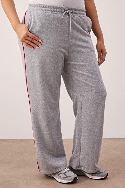 Trendyol Curve Γκρι μελανζέ ψηλόμεσο πλεκτό παντελόνι με φαρδύ πόδι με λεπτομέρεια πλεκτής πέτρας TBBAW26AJ00006