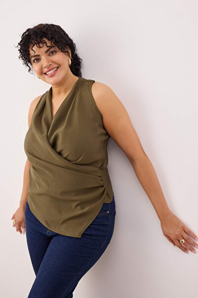 Trendyol Curve Limited Edition Khaki Modal Double-Breasted Woven Blouse Tbbaw26Af00081