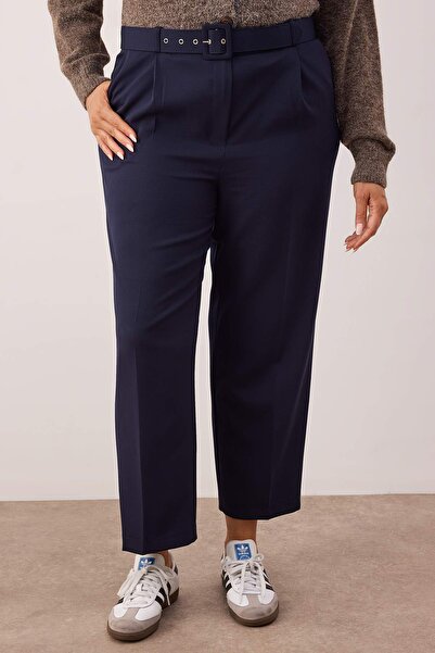 Trendyol Curve Navy Blue High Waist Belted Woven Plus Size Pants Tbbaw26Ar00020