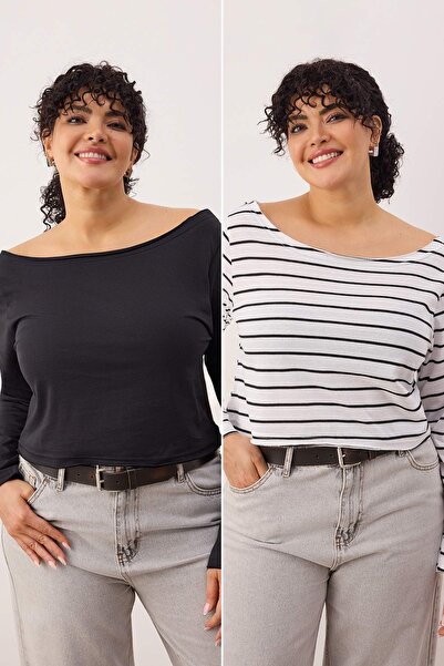 Trendyol Curve Multi-Colored 2-Pack 100% Cotton Asymmetric Boat Neck Crop Knitted T-Shirt Tbbaw26Bf00001