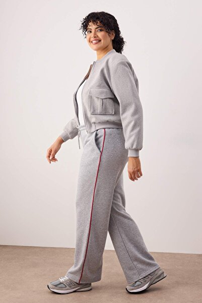 Trendyol Curve Γκρι μελανζέ ψηλόμεσο πλεκτό παντελόνι με φαρδύ πόδι με λεπτομέρεια πλεκτής πέτρας TBBAW26AJ00006