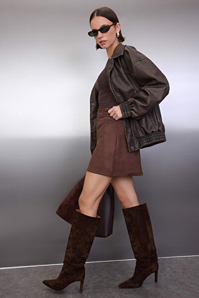 Trendyol Collection Brown A-Line/Flared Mini Suede Knitted Skirt Twoaw26Et00011