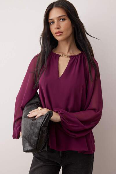 Trendyol Collection Purple Accessory Detailed Chiffon Woven Blouse Twoaw26Bz00300