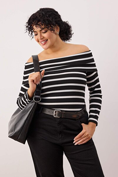 Trendyol Curve Black Striped Carmen Collar Bodycon Cropped Length Knitted Plus Size Blouse Tbbaw26Af00111