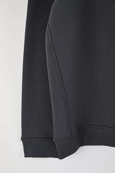 Trendyol Collection Φούτερ με φερμουάρ με ψηλό γιακά και εσωτερικό φλις, κέντημα ελάφι, μεγάλο μέγεθος ανθρακί TMNAW24AO00024