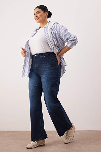 Trendyol Curve Midnight Blue High Waist Wide Leg Plus Size Wide Leg Jeans Tbbaw26Cj00040