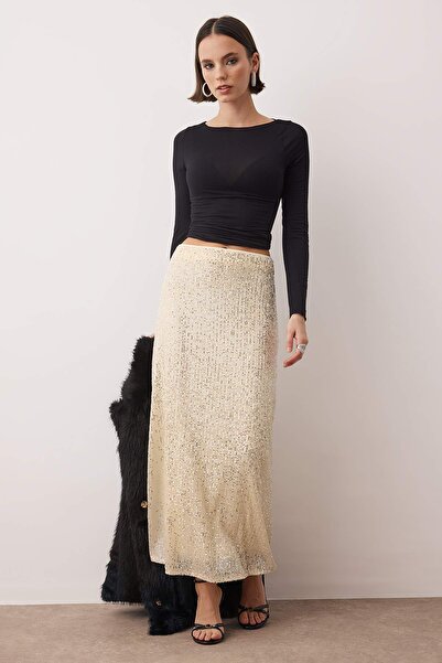 Trendyol Collection Ezüst Midi Party flitteres szoknya TPRAW26ET00014