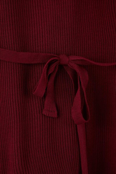 Trendyol Curve Burgundy Belted Long Knit Sweater Tbbaw26An00038