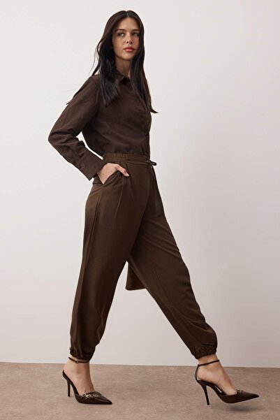 Trendyol Collection Dark Brown Soft Fabric Elastic Waist Balloon/Pants Twoaw26Pl00145