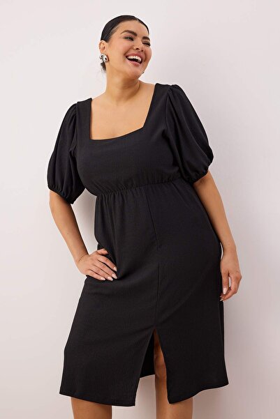 Trendyol Curve Μαύρο πλεκτό φόρεμα με μανίκια με τετράγωνο λαιμόκοψη και σχισμή σε γραμμή Α TBBSS23AH00280