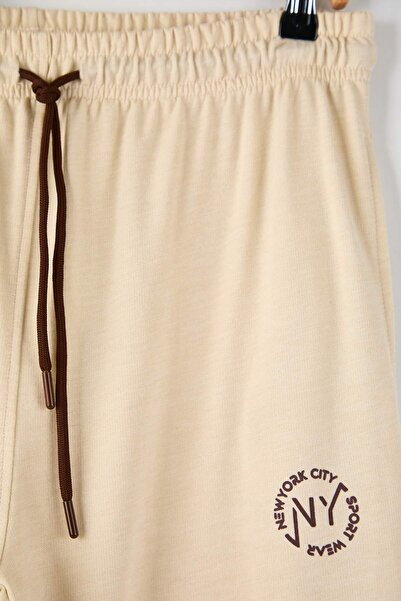 Trendyol Collection Beige Regular/Normal Fit New York Embroidered Straight Leg Sweatpants Tmnss25Ea00007