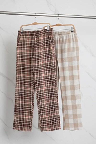 Trendyol Collection Braun-Mehrfarbiges 2er-Pack Pyjamahose aus 100 % Polyester mit Karomuster/Karomuster aus gewebtem Flanell THMAW26PJ00007