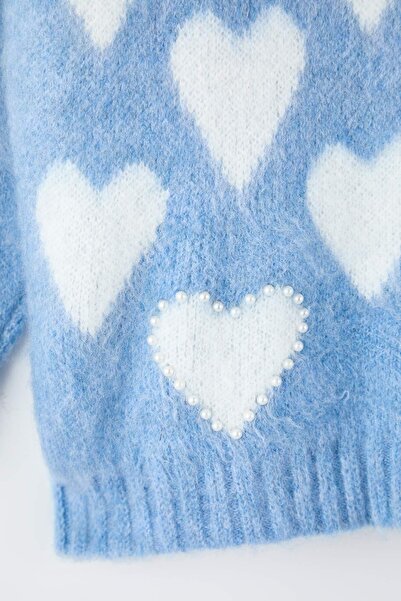Trendyol Curve Blue Heart Patterned Pearl Soft Buttoned Knitwear Cardigan Tbbaw26Av00007