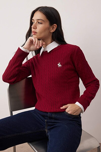 Trendyol Collection Pulover tricotat subțire cu împletitură de păr brodat cal roșu Claret TWOAW26KZ00122