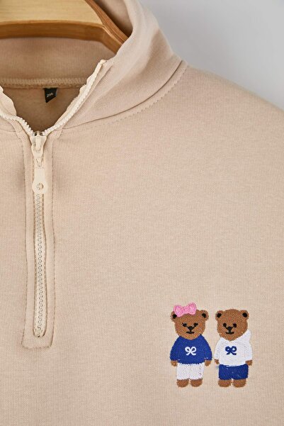 Trendyol Curve Stone Teddy Bear Embroidered Zippered Collar Oversized Sweatshirt Tbbaw26Ao00041