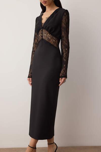 Trendyol Collection Rochie elegantă/de seară, neagră, cu dantelă, țesută Finike Midi, fără căptușeală, TPRAW26EL00104